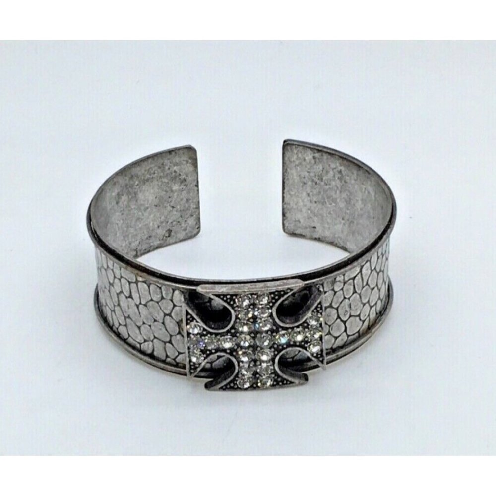Maltese Cross Cuff Bracelet Sparkly Rhinestones Silver Tone Iron Cross Biker